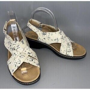 Clarks Merliah Echo Wedge Sandals Women 7.5W  Wide White Blue Floral Ankle Strap